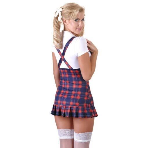 A woman in a plaid skirt and stockings is posing.