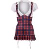 A women's plaid dress with suspenders.