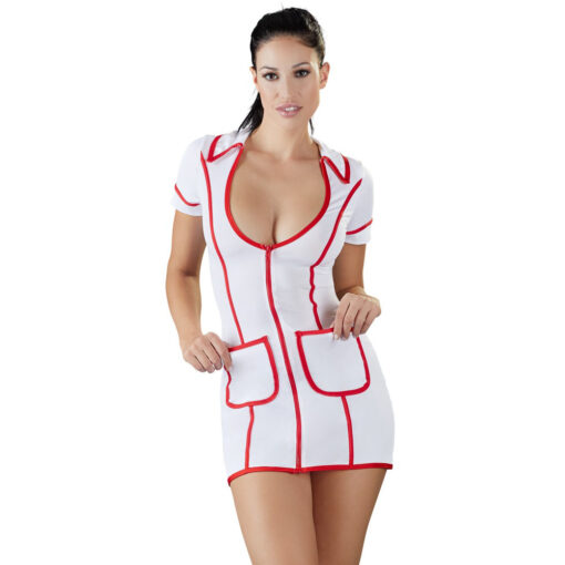 A woman in a white nurse costume posing for a photo.
