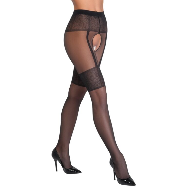 An elegant pair of black sheer stockings with a cut-out design, paired with high heels, perfect for intimate wear or special occasions.