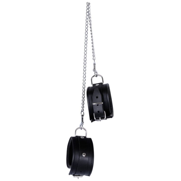 Leather handcuffs with chain, BDSM restraint gear for adult fetish and bondage play, durable and adjustable for enhanced intimacy and control, perfect for couples exploring kink and erotic role play.