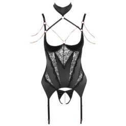 Elegant black lace lingerie harness with adjustable straps, designed for sensual and intimate experiences, perfect for enhancing pleasure and adding a touch of luxury to your bedroom collection.