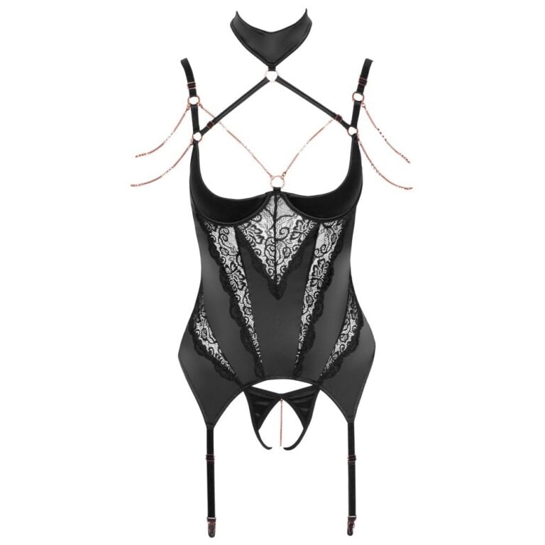 Elegant black lace lingerie harness with adjustable straps, designed for sensual and intimate experiences, perfect for enhancing pleasure and adding a touch of luxury to your bedroom collection.