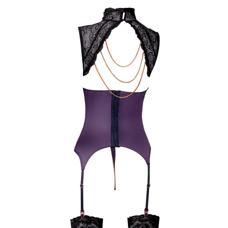 Elegant black lace lingerie set with cape and garter belt, perfect for intimate occasions and enhancing sensual appeal.