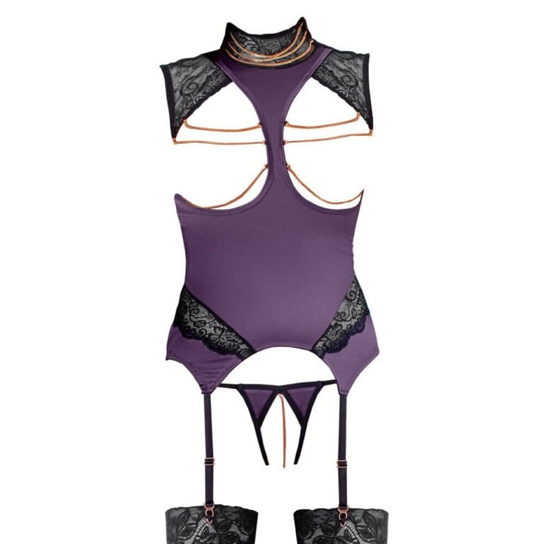 Elegant purple and black lace lingerie set with intricate strap details, perfect for intimate wear and enhancing sensuality. Designed for comfort and style, ideal for special occasions.
