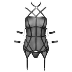 A provocative black leather and mesh lingerie harness with multiple straps, chains, and cutouts designed for erotic wear and intimate pleasure.