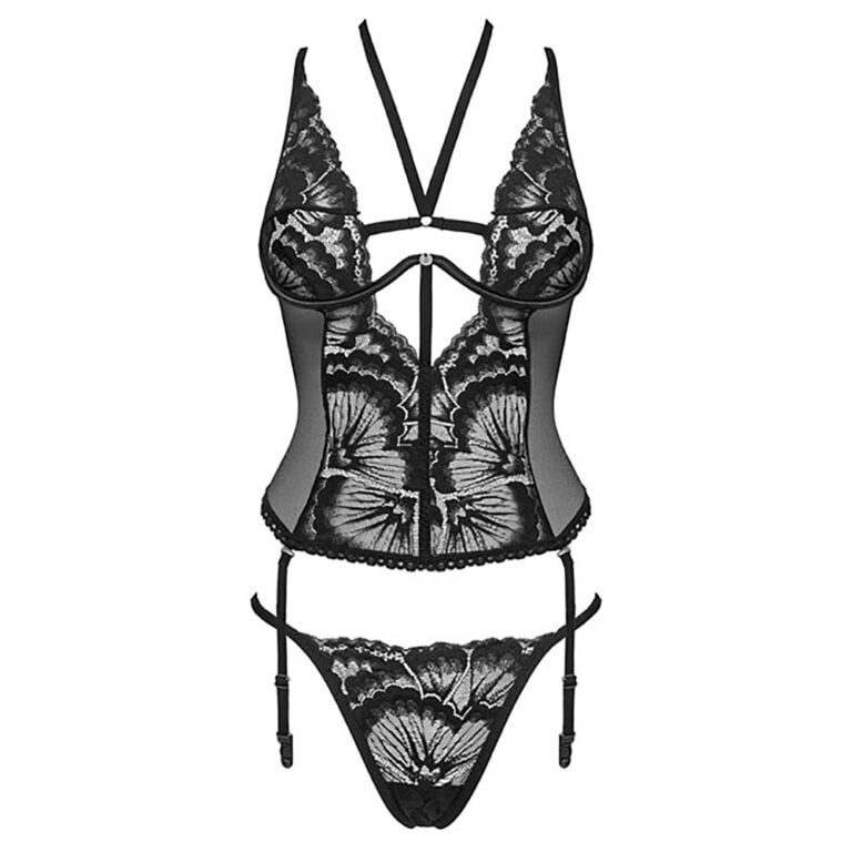 Elegant black lace lingerie with butterfly motif, featuring intricate lace patterns and adjustable straps for a sensual and stylish look.