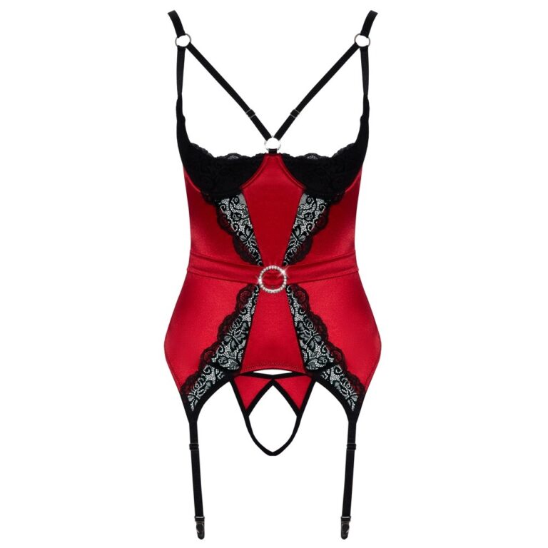 Elegant red and black lingerie with adjustable straps, lace accents, and a ring detail, designed for intimate wear and enhancing sensual appeal.
