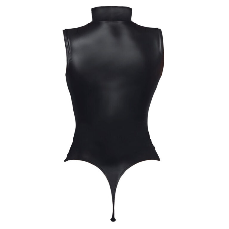 Elegant black latex fetish bodysuit with high collar and unique design for adult intimacy and BDSM play. Perfect for enhancing sensual experiences and exploring alternative lifestyles.