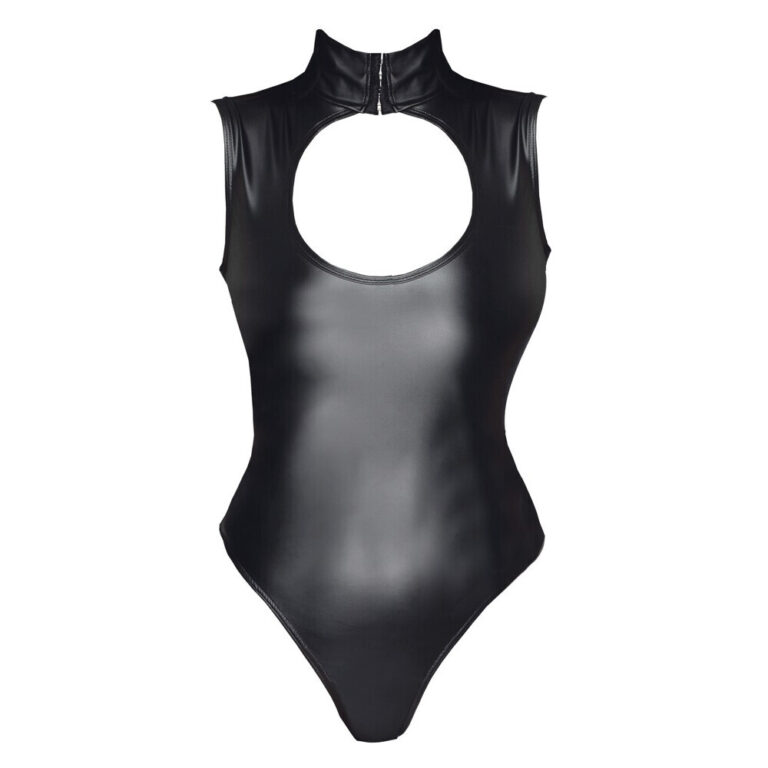 Elegant black leather bodysuit with a distinctive cut-out design, ideal for adult pleasure and fashion-forward lingerie enthusiasts seeking bold, stylish, and provocative attire.