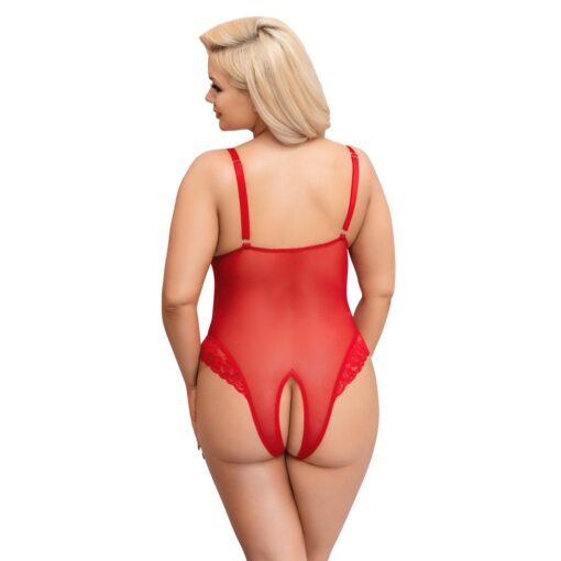 The back view of a woman in a red lingersuit.