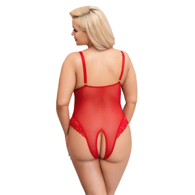 Elegant red sheer bodysuit with lace accents, designed for women seeking sensual and stylish intimate wear. Perfect for enhancing confidence and adding a touch of allure to your wardrobe.