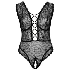 Elegant black lace bodysuit featuring intricate floral patterns, cut-out design, and adjustable straps, perfect for intimate wear and enhancing sensual confidence.