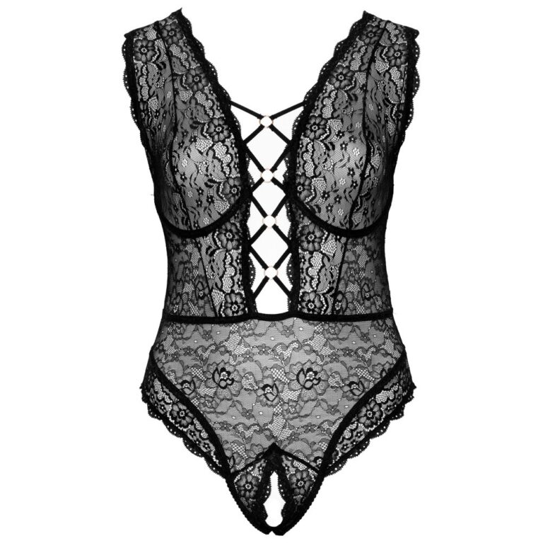 Elegant black lace bodysuit featuring intricate floral patterns, cut-out design, and adjustable straps, perfect for intimate wear and enhancing sensual confidence.