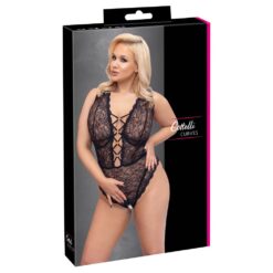 An elegant black lace bodysuit designed for women with curves, featuring intricate lace details and a flattering fit. Perfect for intimate wear or special occasions.