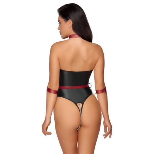 The back view of a woman in a black and red lingersuit.