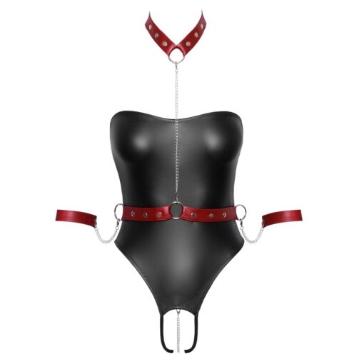 A black and red body harness with a red collar.