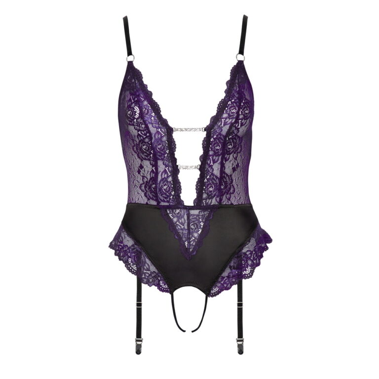 An elegant purple lace lingerie bodysuit with black detailing, featuring adjustable straps and garter attachments, designed for intimate wear and enhancing sensuality.