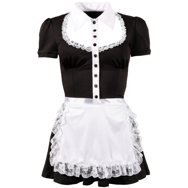 Sexy French Maid costume featuring a black dress with white lace accents, a white apron, and a classic collar, perfect for role play, costume parties, and intimate occasions.