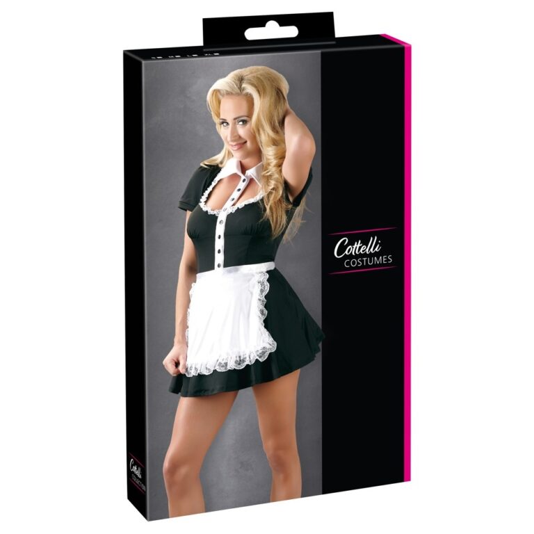 An image of a woman in a sexy maid costume, featuring a black dress with white lace apron, blonde hair, and a playful smile, ideal for adult costume parties and role-play scenarios.