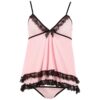 A pink and black lingerie set with lace trim.