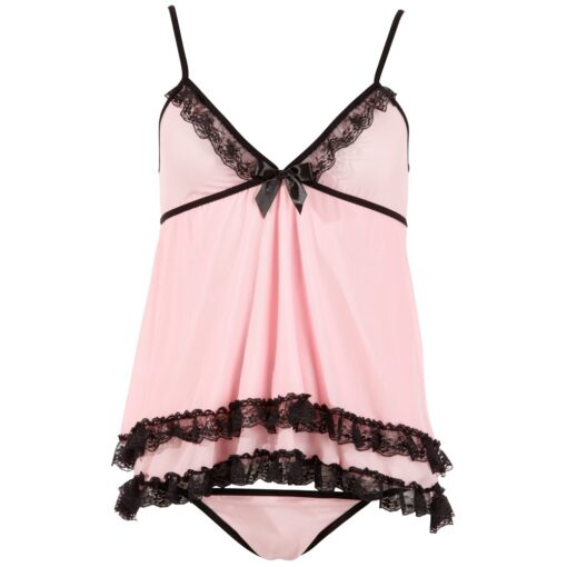 A pink and black lingerie set with lace trim.