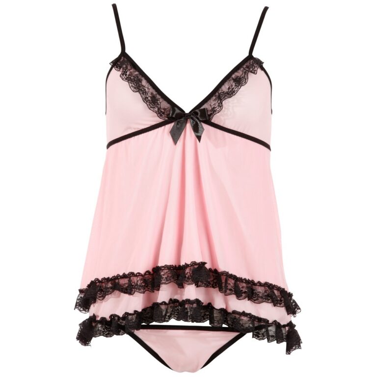 Beautiful pink lingerie with black lace accents, featuring a delicate camisole and matching panties, perfect for intimate wear and enhancing confidence.