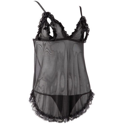 A black lingerie set with ruffles.