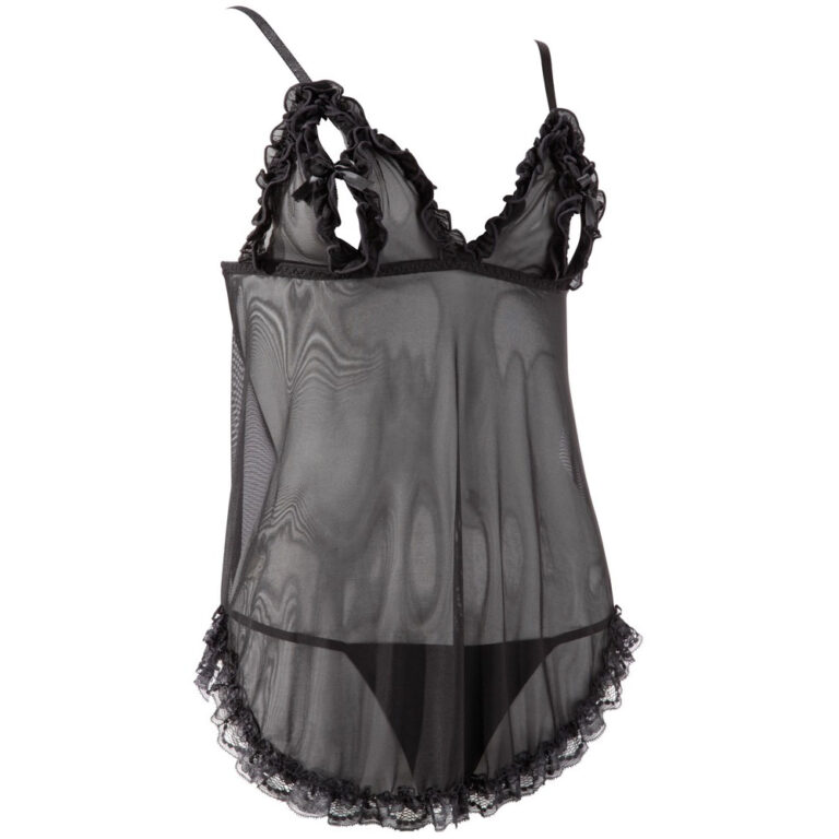 Elegant black lace babydoll lingerie with ruffle accents, perfect for intimate occasions and enhancing confidence. Made from sheer, breathable fabric for comfort and allure.