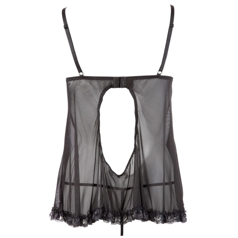 Sexy black lace babydoll lingerie with adjustable straps and open front design, perfect for intimate moments and enhancing confidence.