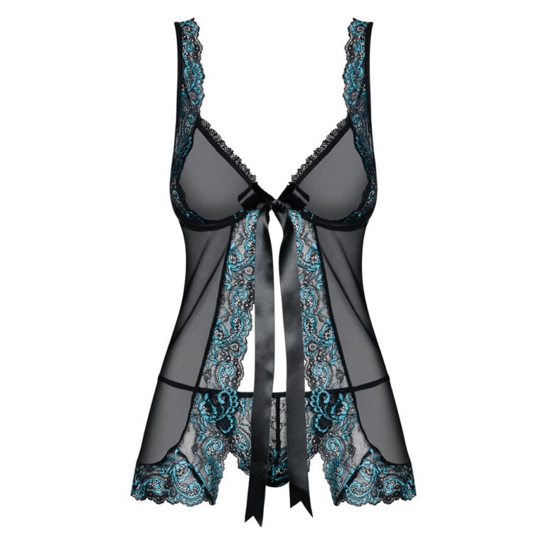 Elegant black and blue lace lingerie with satin ribbon, designed for intimacy and style. Perfect for enhancing romantic moments with luxurious, seductive details.