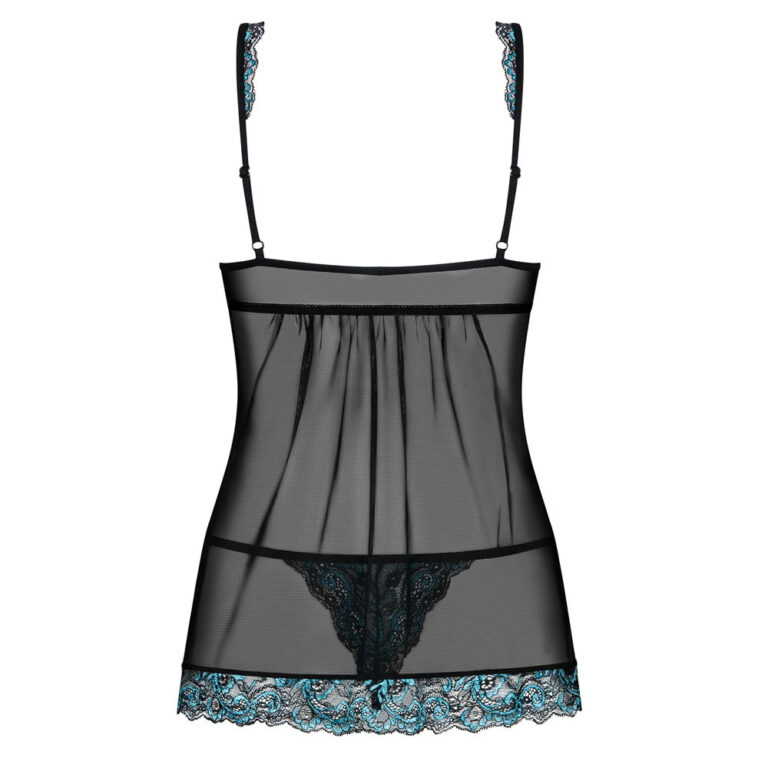 Elegant black sheer lingerie slip with blue lace accents, adjustable straps, and delicate floral embroidery, perfect for intimate wear and enhancing sensuality.