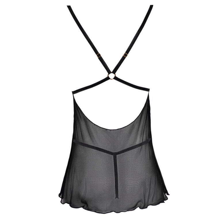Elegant black lingerie with adjustable straps and sheer mesh material, perfect for intimate wear and enhancing sensuality. Designed for comfort and allure, ideal for romantic occasions.