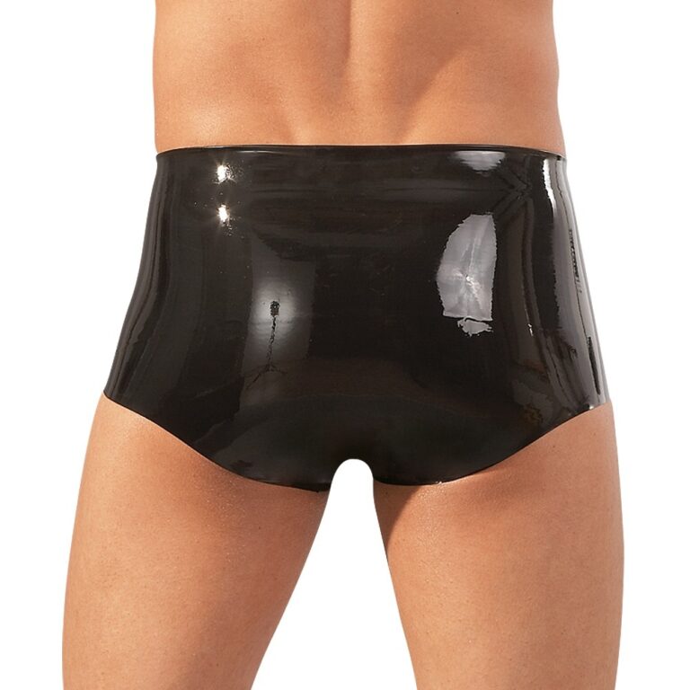 Elegant shiny black latex briefs for men, highlighting sensual and provocative fashion, perfect for intimate wear or fetish style enthusiasts.