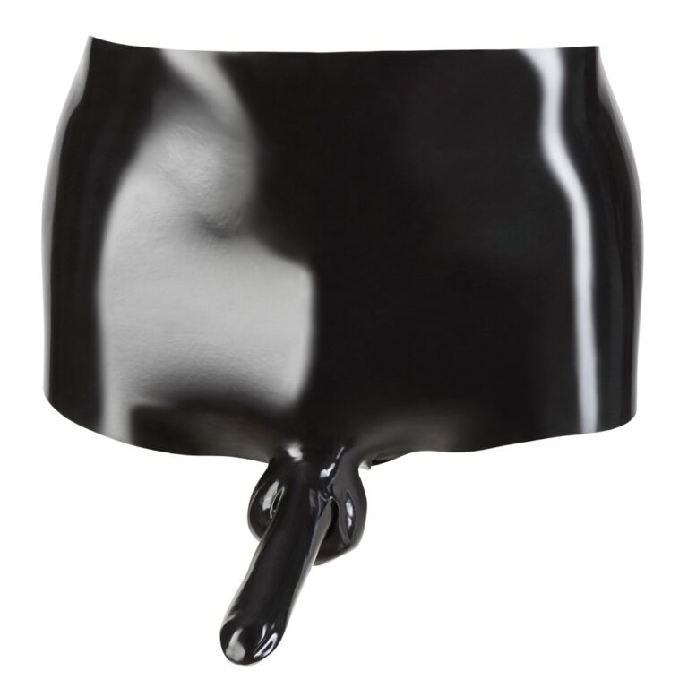 An alluring black latex costume featuring a provocative design with a built-in phallic element, perfect for adult role-play and intimate fantasies. Crafted from shiny, high-quality latex for a seducti.
