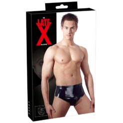 Male adult toy packaging featuring a young man in black shiny underwear, promoting the Late X collection of adult products.