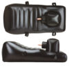 A black inflatable bed with a seat and a pillow.