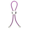 A purple lanyard with a silver ring attached to it.