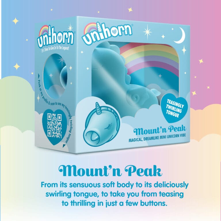 Unicorn Mount'n Peak mini vibrator with soft body and swirling tongue, designed for enhanced pleasure and sensation. Perfect for intimate use, featuring a twirling tongue for a unique experience.