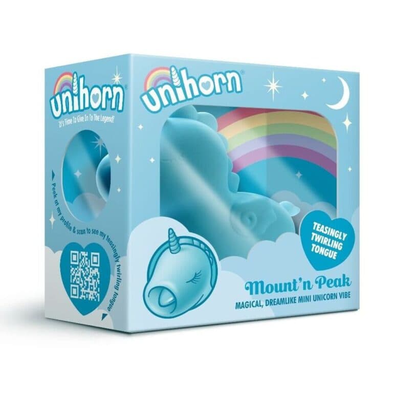 An adorable unicorn-shaped mini vibrator designed for intimate pleasure, featuring a teasingly twirling tongue and rainbow-themed packaging, perfect for discreet adult use.