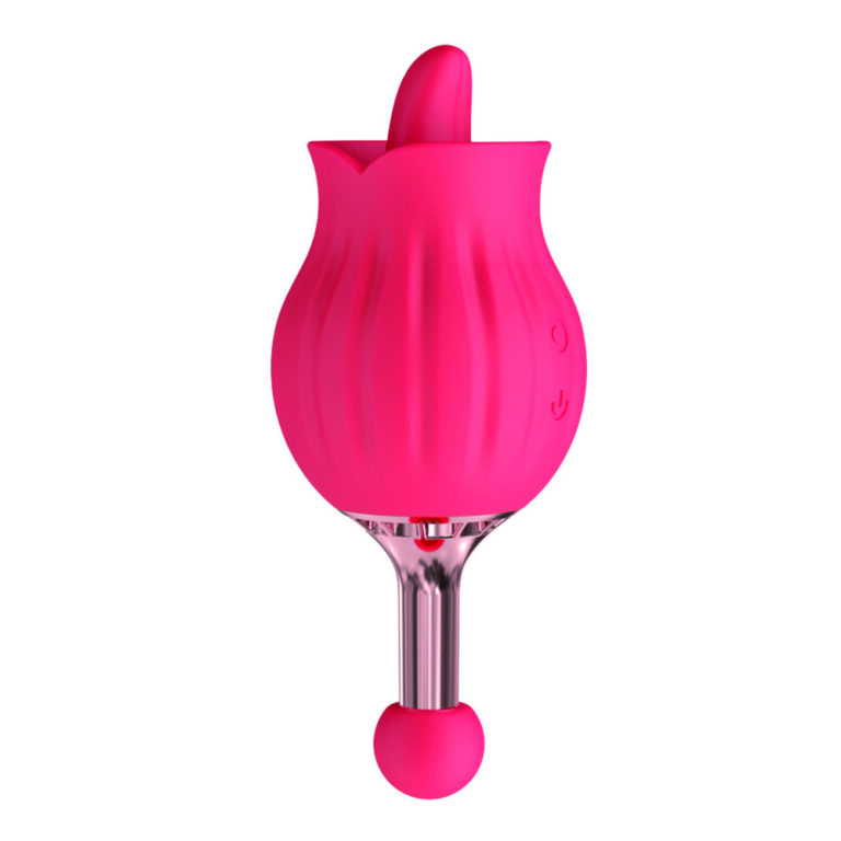 Red silicone clitoral massager with rose bud design and dual stimulation heads