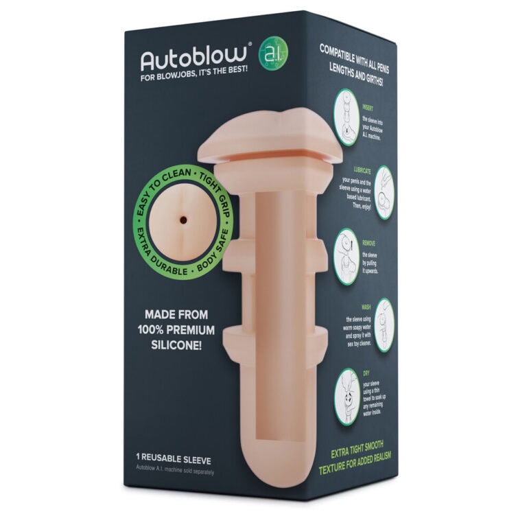Autoblow AI male masturbator for realistic pleasure, made from 100% premium silicone, featuring extra tight sensation, easy cleaning, and compatible with all sizes for enhanced intimacy.