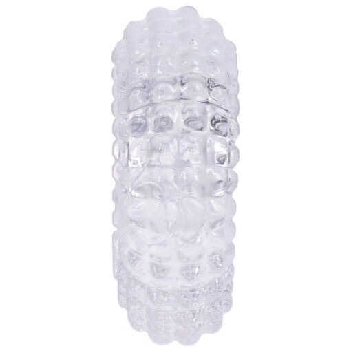 An image of a clear plastic sex toy on a white background.