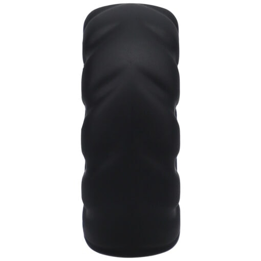 A black plastic cup with a curved shape.