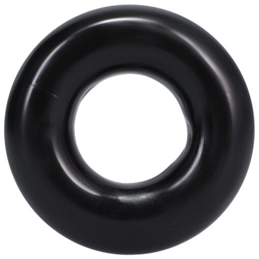 A black plastic ring on a white background.