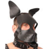A man wearing a black leather dog mask.