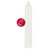 A white plastic vaginal syringe with a red sticker on it.