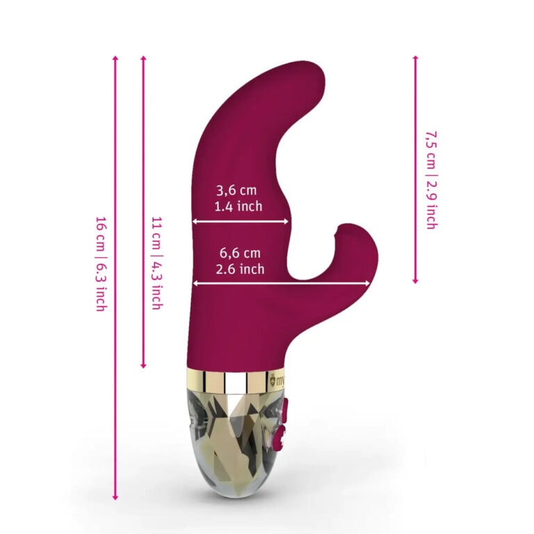 A high-quality, purple silicone vibrator featuring a curved tip designed for precise G-spot stimulation, measuring 16 cm in length with detailed dimensions for optimal pleasure.