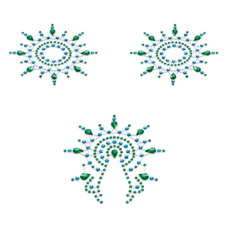 A detailed image of beaded jewelry featuring blue and green beads arranged in a symmetrical pattern, highlighting craftsmanship and vibrant colours. Ideal for fashion accessories, gift ideas, and styl.