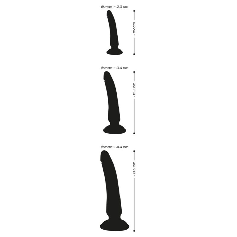 An illustration showing different dildo sizes with measurements in centimetres, highlighting the variety of options available for personal preferences.